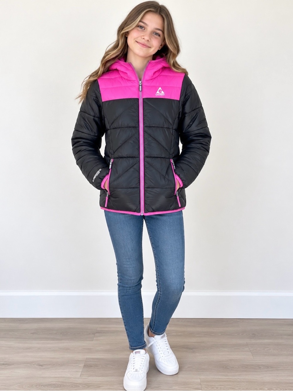 Gerry Girls Pink Black Puffer Jacket Size 14 Hooded Lightweight Quilted Coat